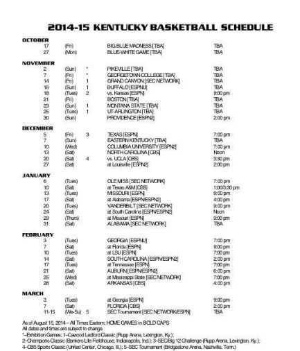 2014 15 UK Basketball Schedule Basketball Schedule Kentucky 