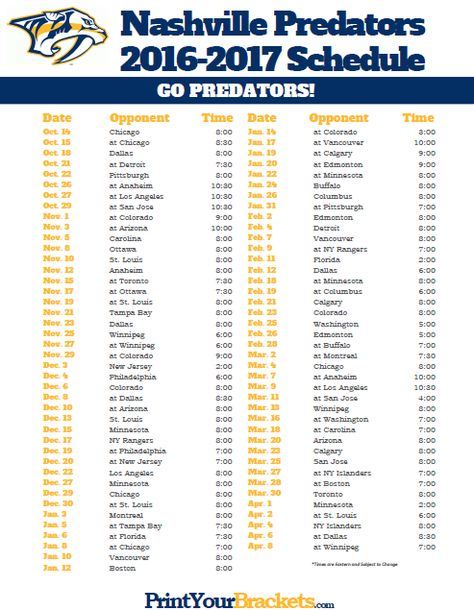 2016 2017 Nashville Predators Schedule Nashville Predators Hockey 