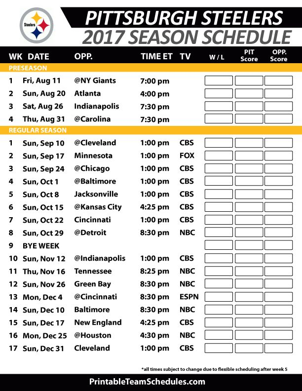 2017 Pittsburgh Steelers Printable Schedule W Preseason Dates And Times 