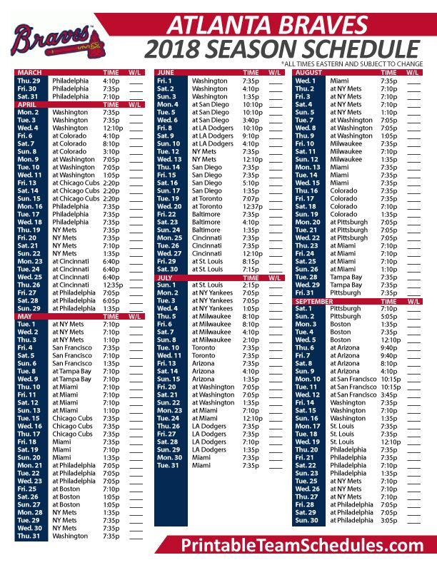 2018 Atlanta Braves Printable Schedule Mlb Baseball Teams Cubs