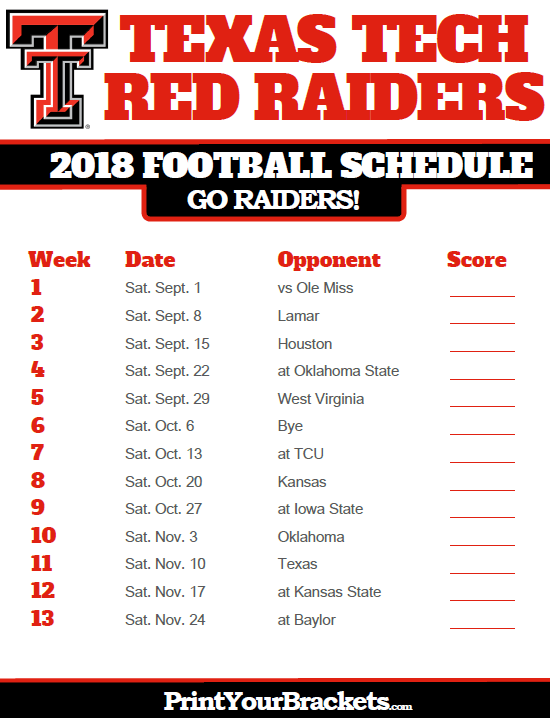 2018 Printable Texas Tech Red Raiders Football Schedule WreckEmTech