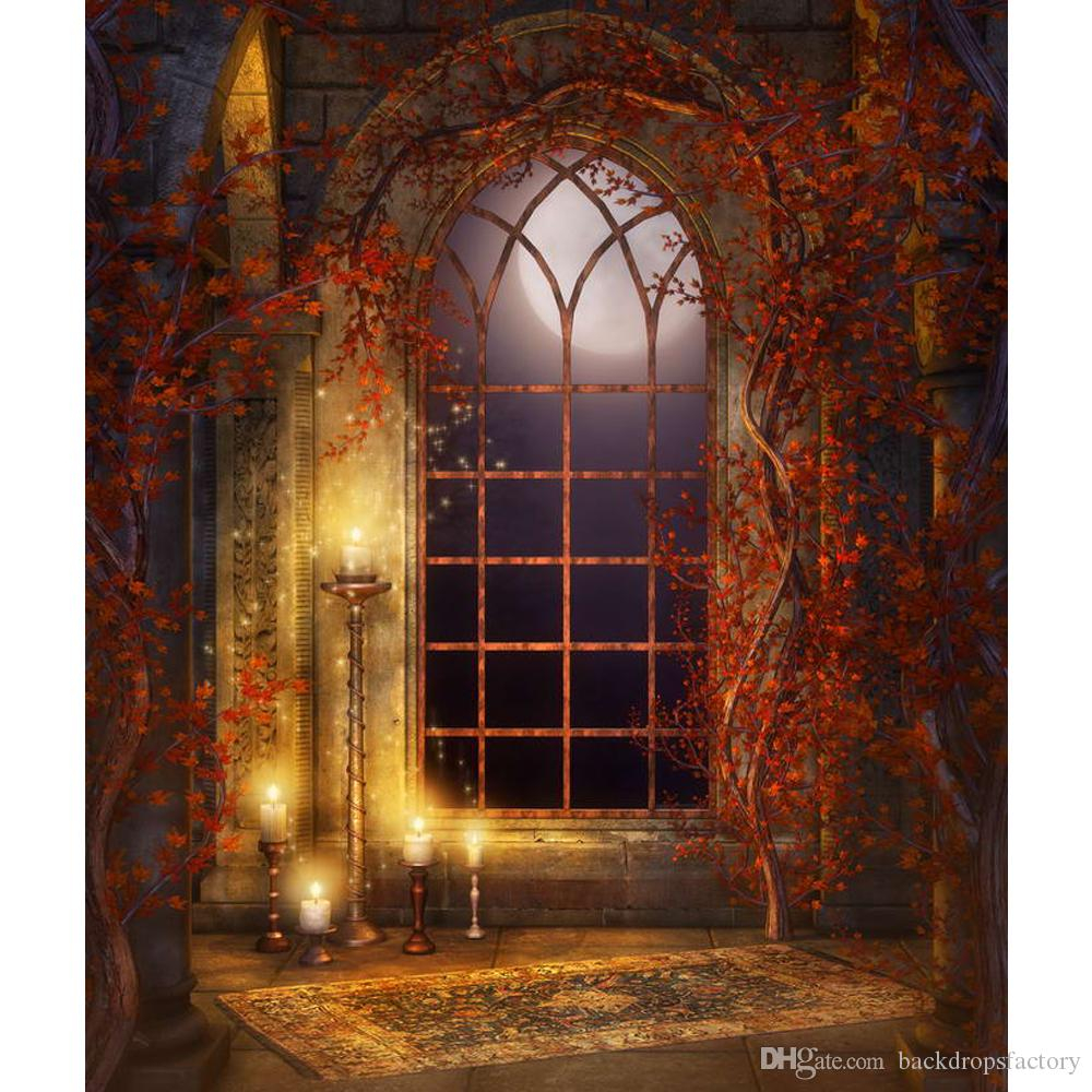 2019 Fairy Tale Castle Arch Window Halloween Backgrounds Maple Leaves 