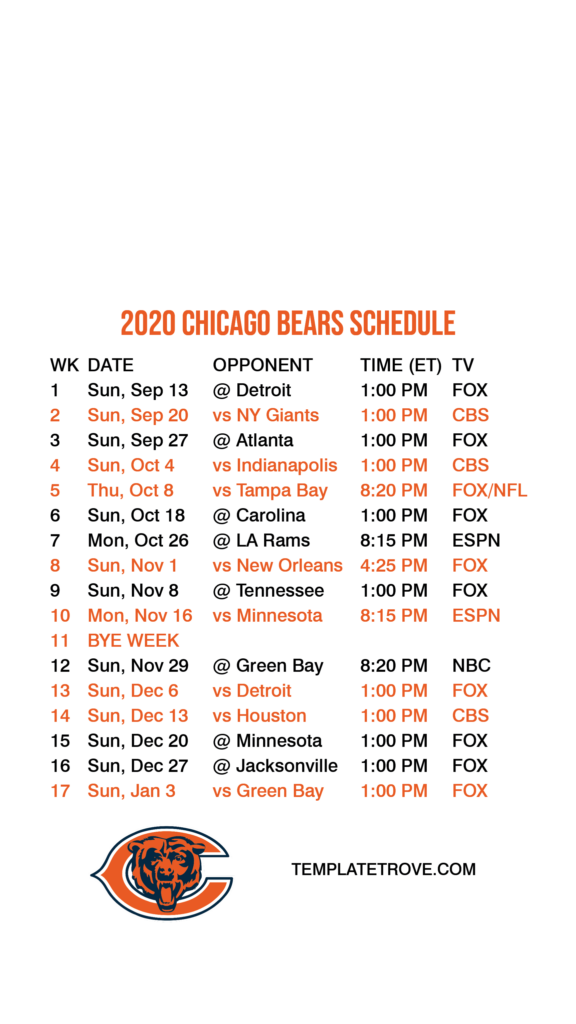 2020 2021 Chicago Bears Lock Screen Schedule For IPhone 6 7 8 Plus