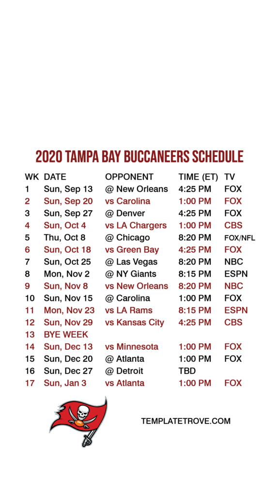 Tampa Bay Buccaneers Printable Schedule FreePrintable.me