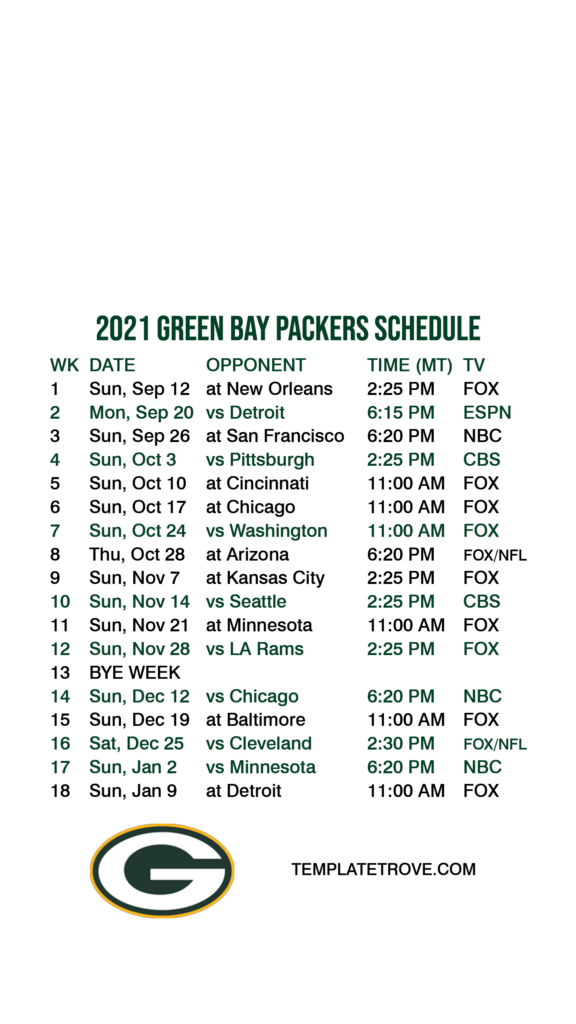 Green Bay Packer Schedule Printable FreePrintable.me