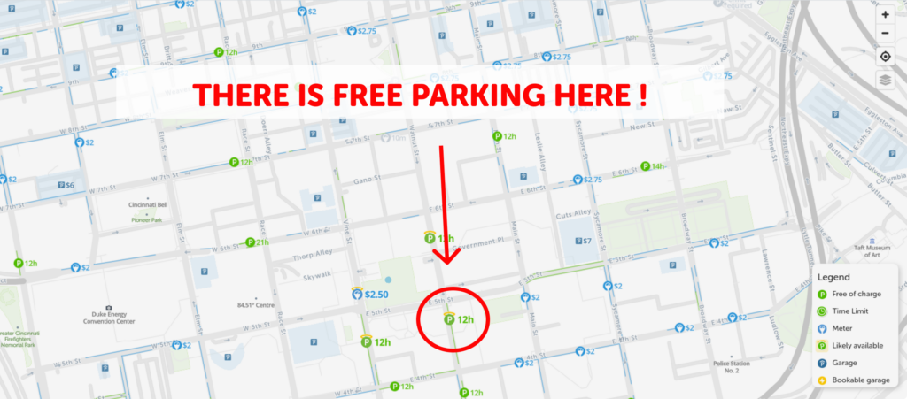 2022 Map Of Free Parking In Cincinnati SpotAngels