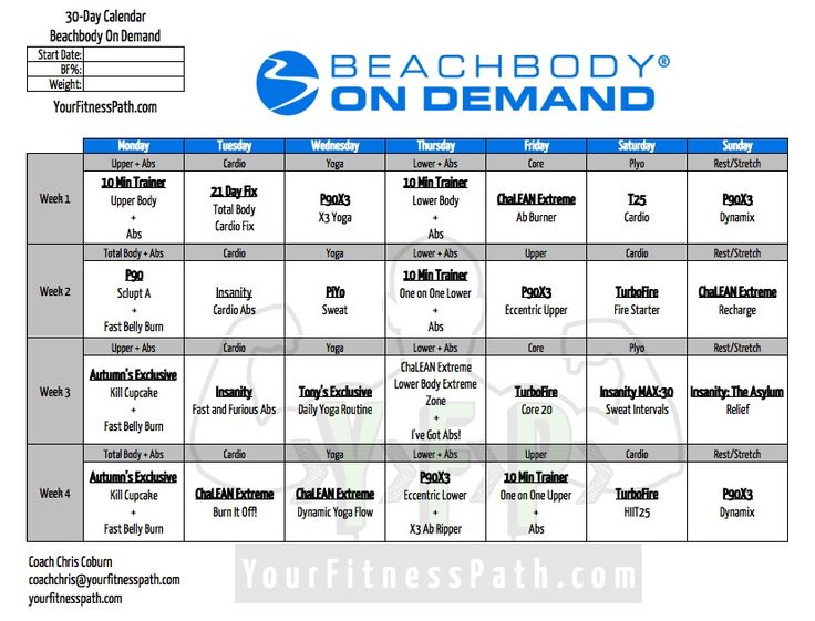 30 Days Of On Demand Your Fitness Path Workout Calendar Beachbody