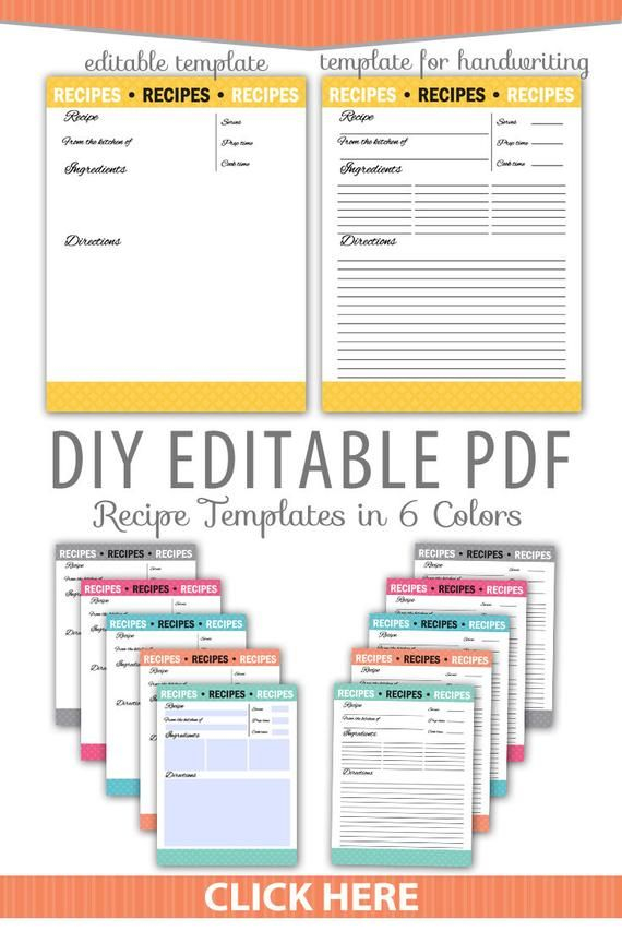 6 Colors Editable PDF Kitchen Recipe Template Form Letter Size Sheet 