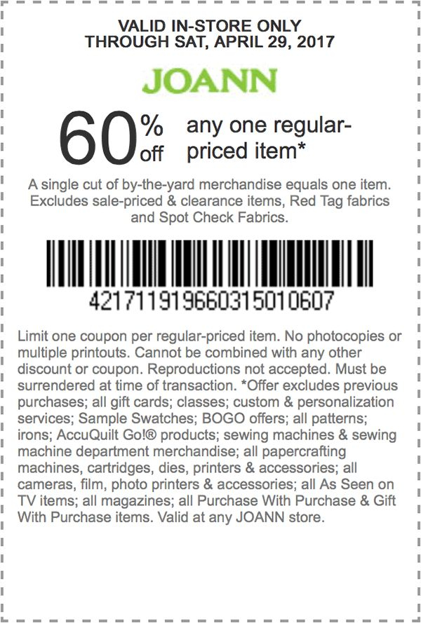 60 Off Any One Regular priced Item Store Coupons Joann Coupons