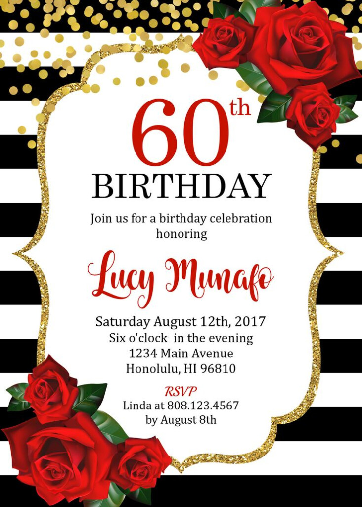 60th Birthday Invitation Women Birthday Invitation Floral Red Roses 