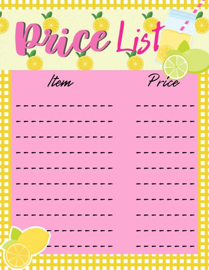 A Cute Printable Lemonade Stand Price List lemonade In 2020 Diy 