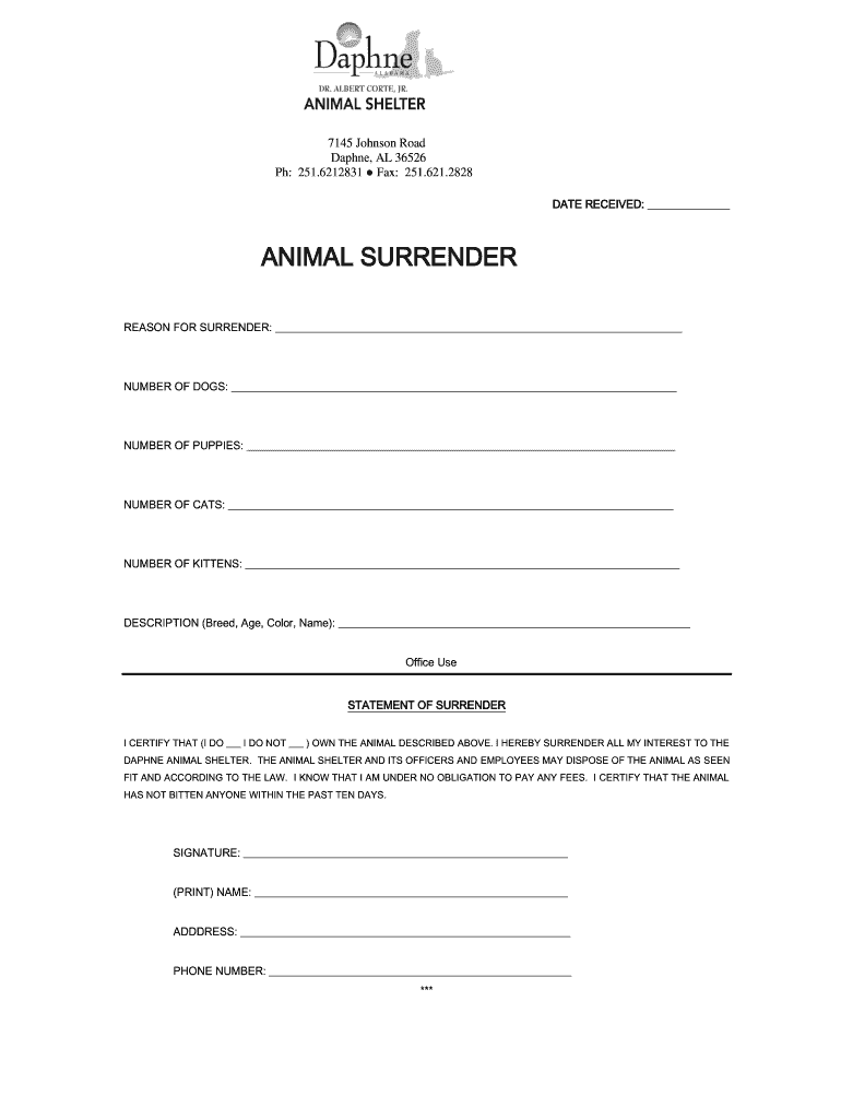 Animal Surrender Form Fill Online Printable Fillable Blank PdfFiller