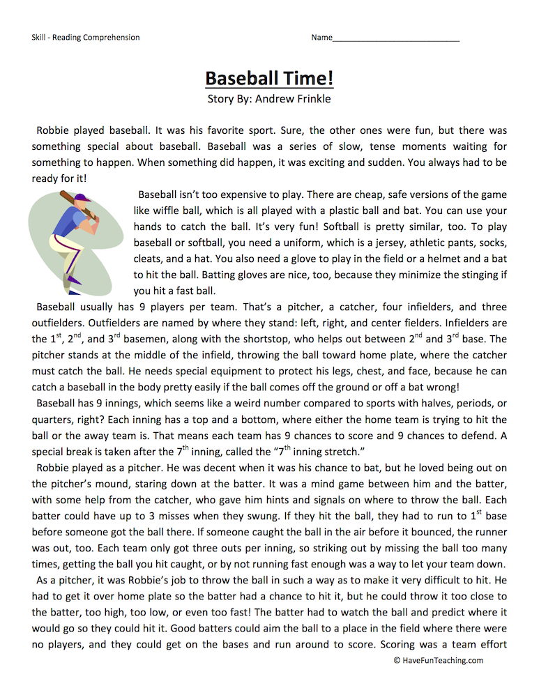 Baseball Time Reading Comprehension Worksheet Have Fun Teaching