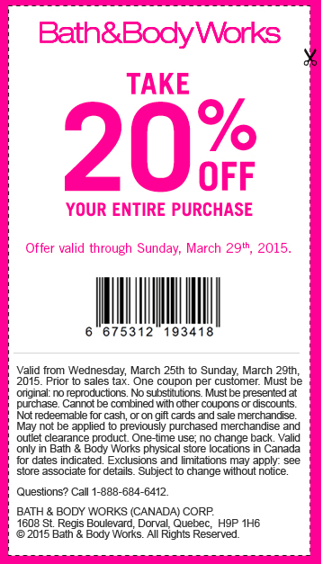 Bath And Body Works Canada Coupon Take 20 Off Your Entire Purchase 