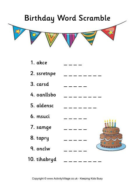 Birthday Word Scramble Birthday Words Word Puzzles For Kids 