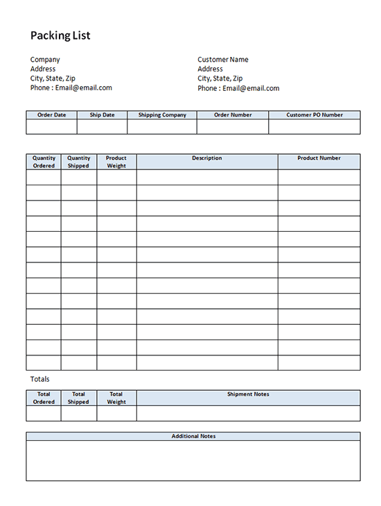 Blank Packing List Template Download In Microsoft Word