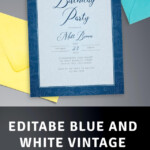 Blue And White Vintage Pattern Birthday Invitation Template Online Maker