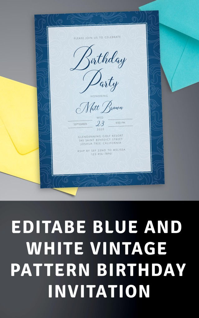 Blue And White Vintage Pattern Birthday Invitation Template Online Maker