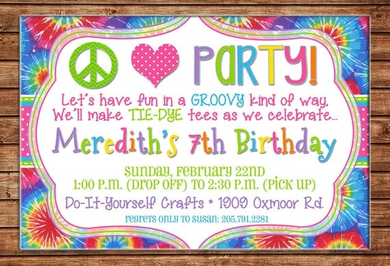 Boy Or Girl Invitation Peace Love Tiedye Tie Dye Birthday