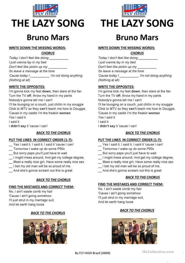 Bruno Mars The Lazy Song Worksheet Free ESL Printable Worksheets 