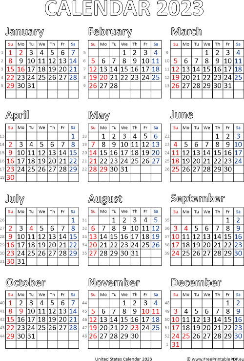 Calendar 2023 United States Free Printable PDF
