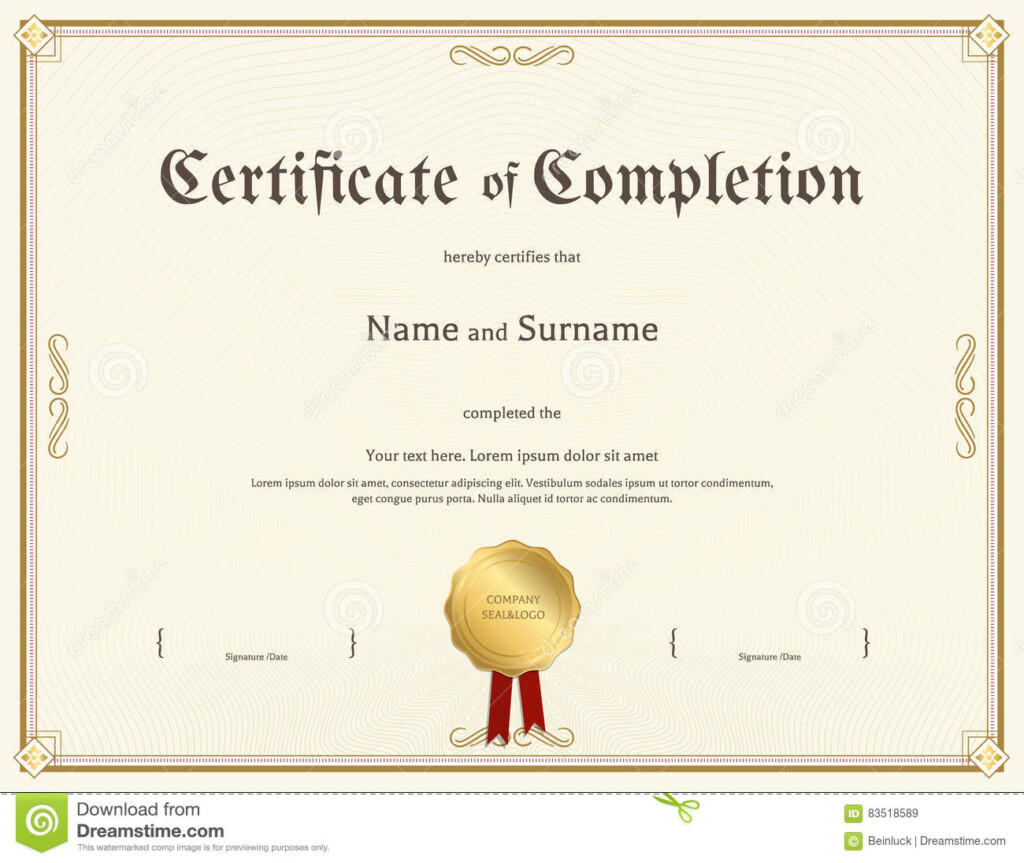 Certificate Of Completion Template In Vintage Theme Stock Vector 