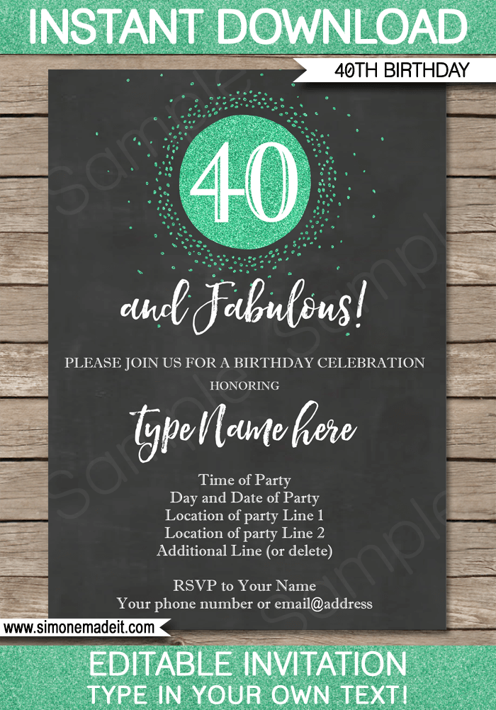 Chalkboard 40th Birthday Invitations Template Printable Editable