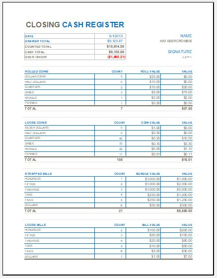 Closing Cash Register Template For MS Excel Excel Templates