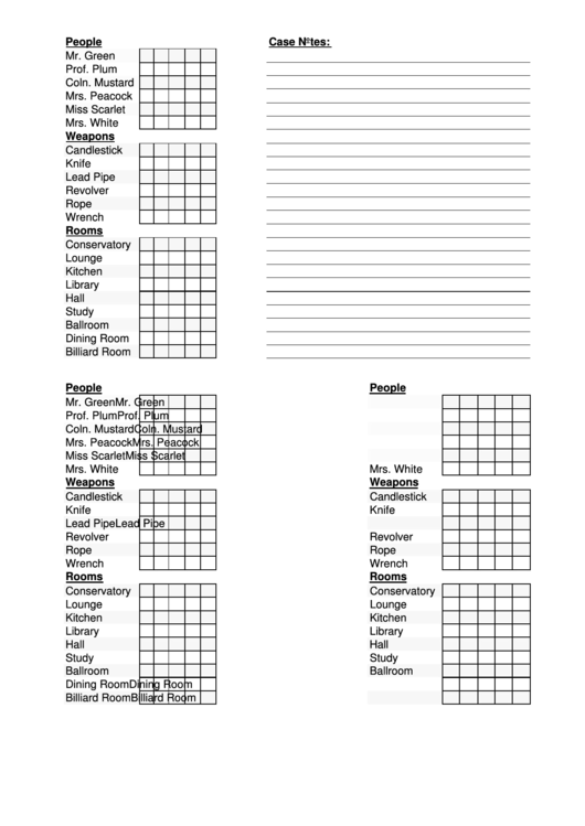 Clue Game Sheet Printable Pdf Download