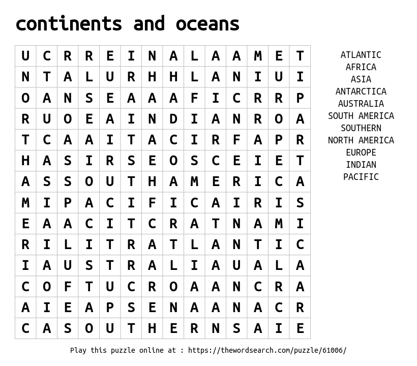 Continents And Oceans Word Search