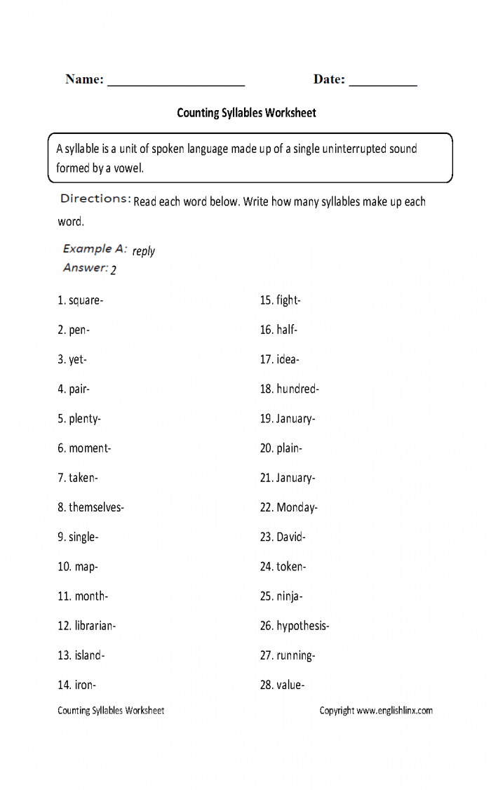 Counting Syllables Part I Worksheets 99Worksheets