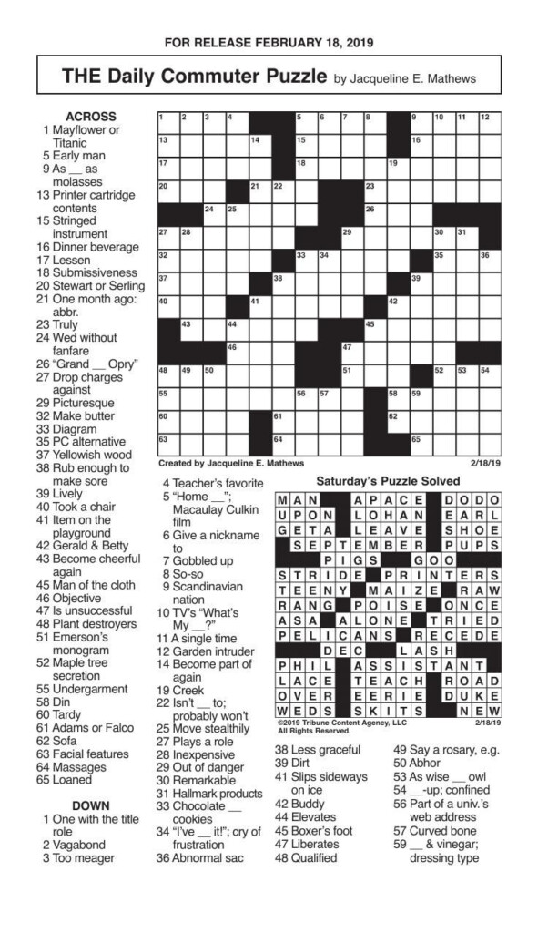 Crosswords February 18 2019 Crosswords Redandblack