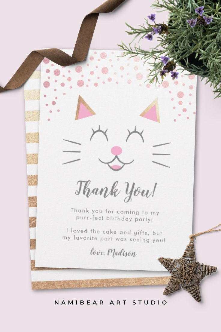 Cute Pink Gold Kitty Cat Birthday Party Thank You Card Zazzle