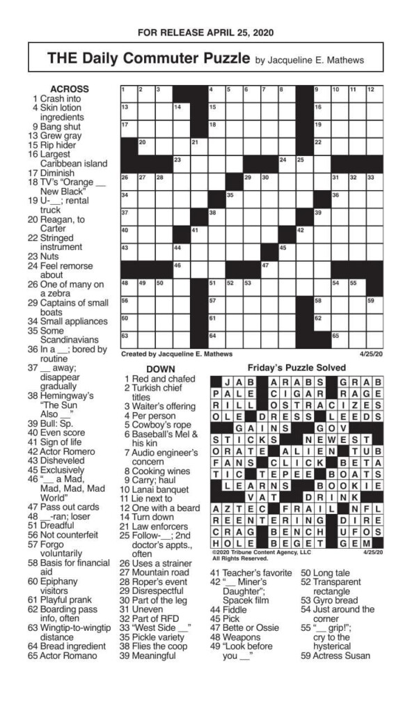 Daily Commuter Crossword Puzzle By Jacqueline Mathews Printable The 