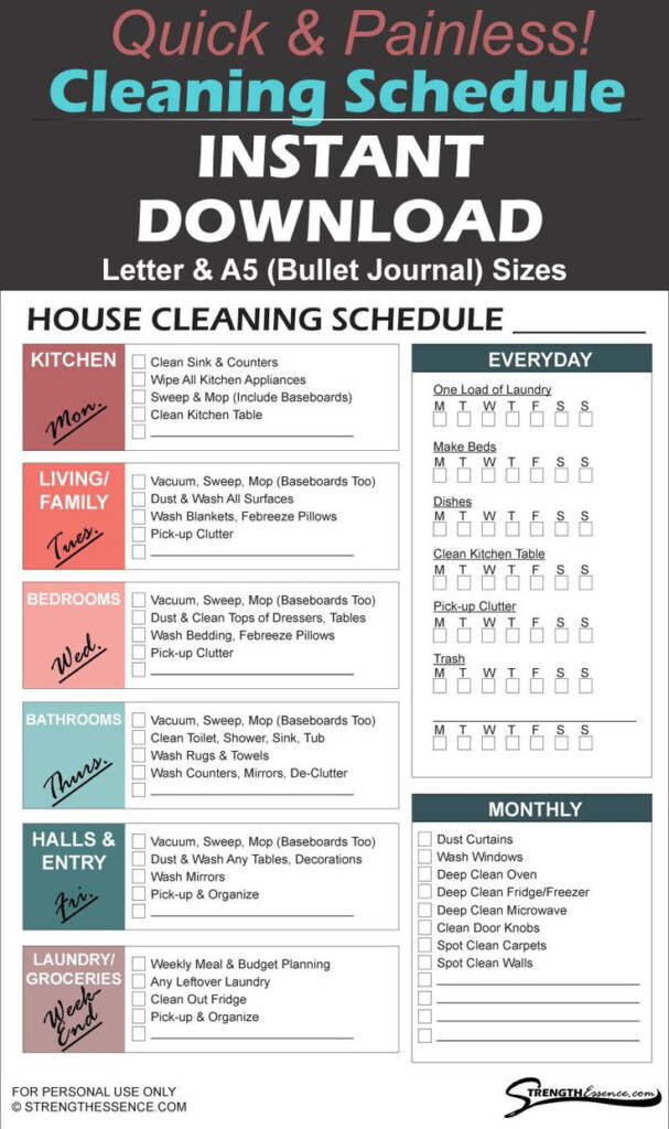 Daily Weekly Monthly House Cleaning Schedule Checklist Printable 