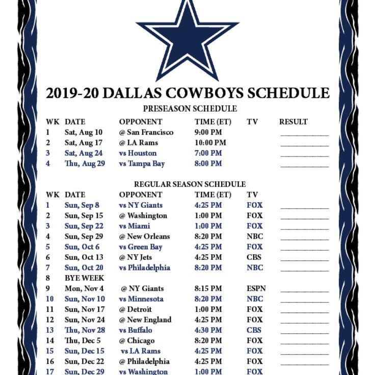 Dallas Cowboys Printable Schedule 2020 2020 In 2020 Dallas With 