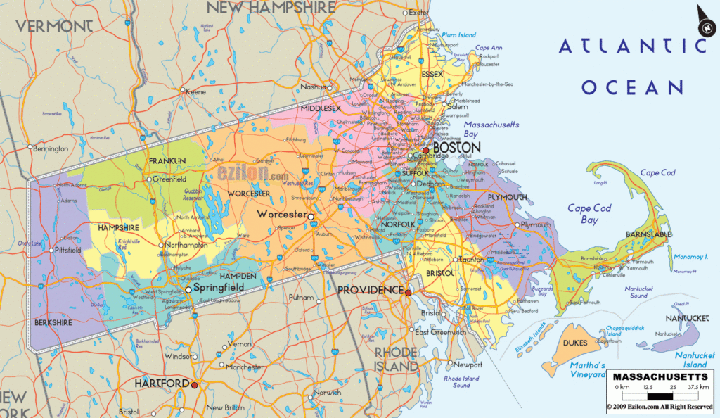 Detailed Political Map Of Massachusetts Ezilon Maps