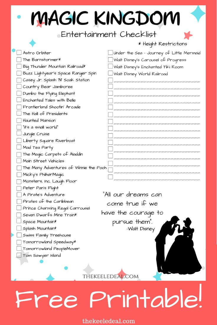 Disney s Magic Kingdom Entertainment Checklist Free Printable Walt