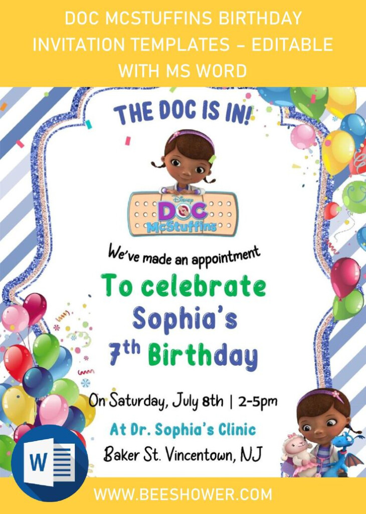 Doc Mstuffins Birthday Invitation Templates Editable With Ms Word In 