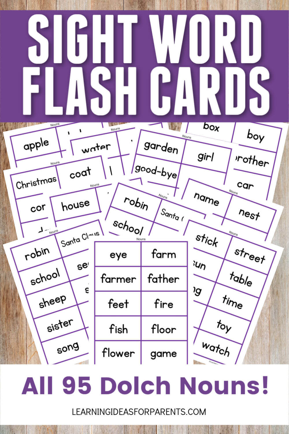 Dolch Nouns Sight Word Flash Cards Free Printable