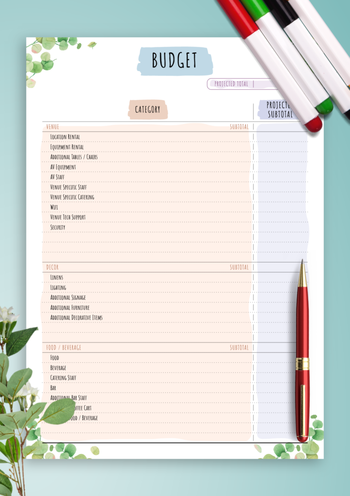 Download Printable Party Budget Template Floral Style PDF
