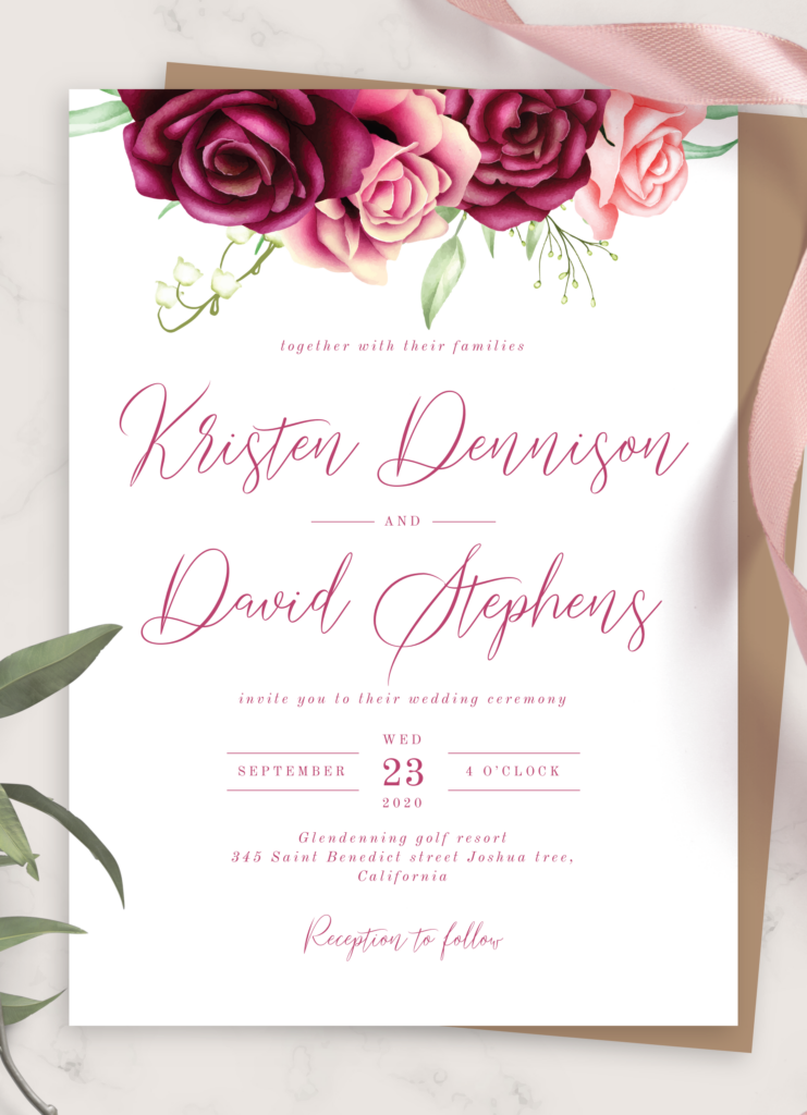 Download Printable Rose Bouquet Burgundy Wedding Invitation PDF