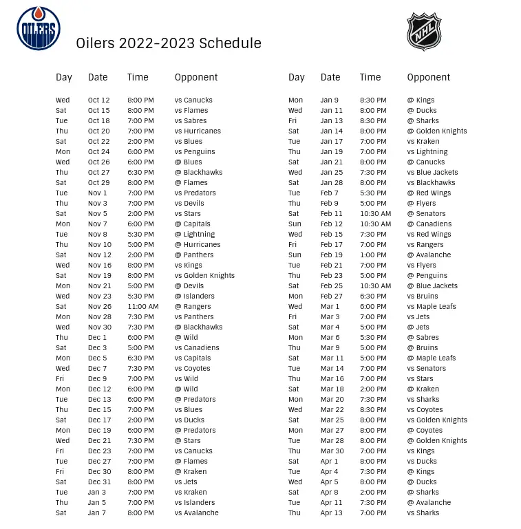 Edmonton Oilers 2022 23 Season Schedule