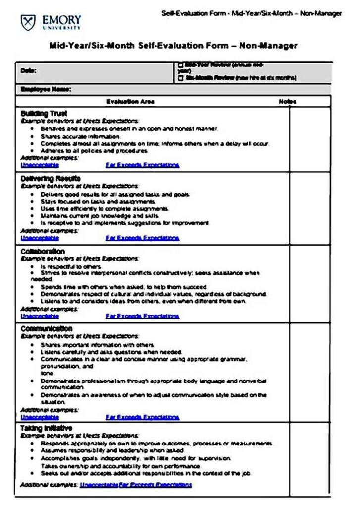 Employee Self Evaluation Sample Evaluation Form Self Evaluation 