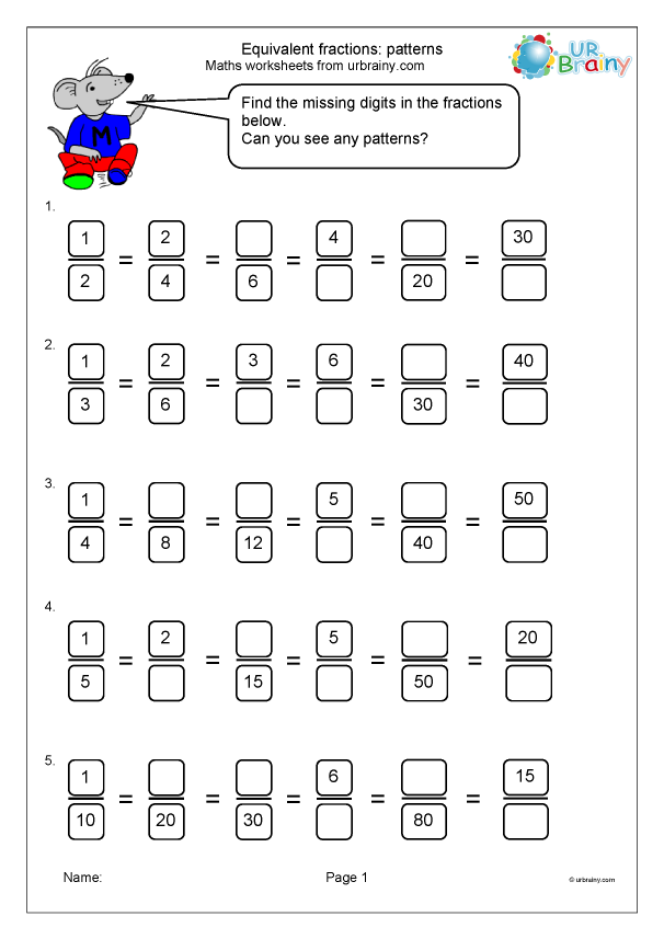 Equivalent Fraction Patterns Fraction And Decimal Worksheets For Year 