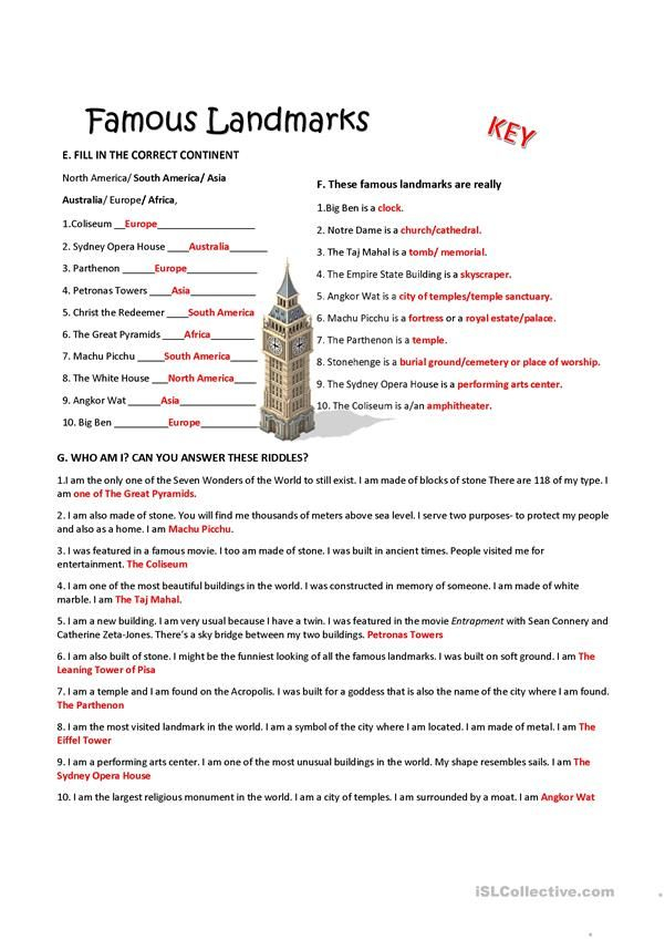 Famous Landmarks Quiz With KEY English ESL Worksheets For Distance