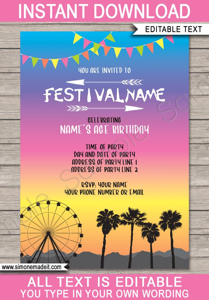 Festival Party Invitations Template Bright Colors Coachella
