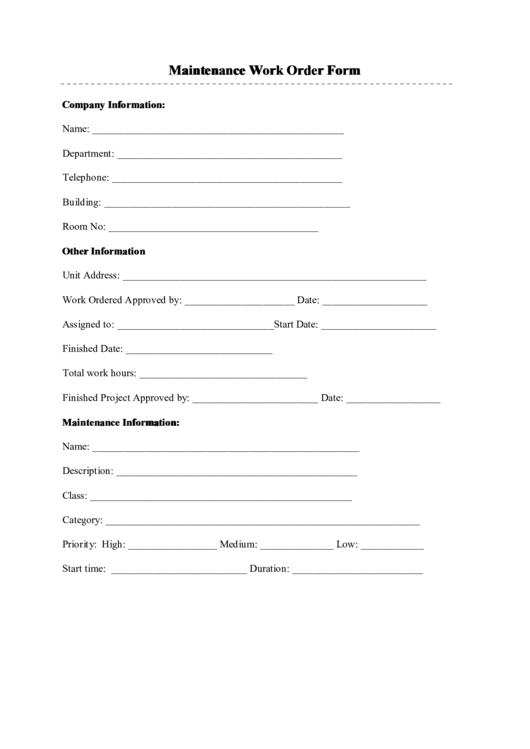 Fillable Maintenance Work Order Form Printable Pdf Download