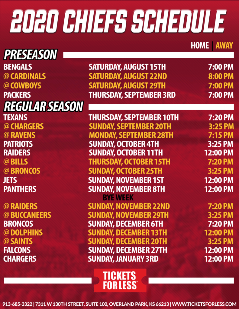 FINAL Chiefs 2020 Printable Schedule Kansas City Chiefs Schedule