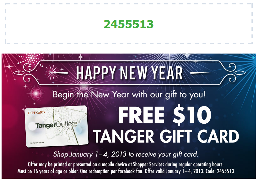 Free 10 Gift Card At Tanger Outlets Coupon Via The Coupons App Exp 1 4 